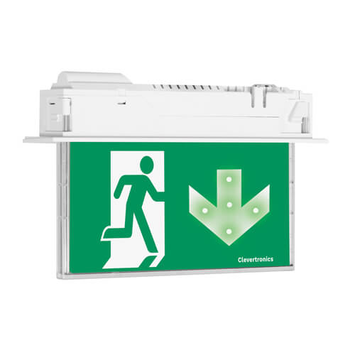 CleverEvac Dynamic Green Exit, Recessed Mount, CLP, Running Man Arrow Down, Single Sided